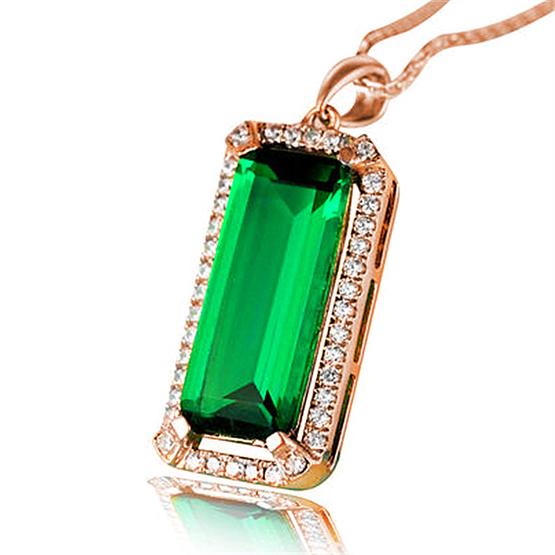 镀18k玫瑰金祖母绿长方钻吊坠 彩色绿宝石绿碧玺绿钻彩宝项链水晶