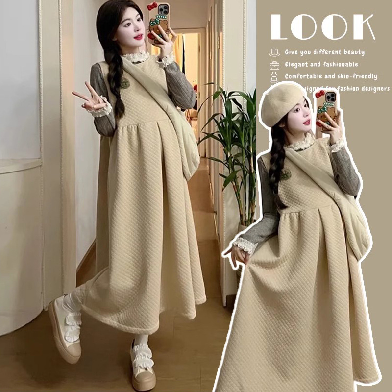 Maternity Winter Clothes 2023 New Suit Fashionable Stylish Fashionable Dress Autumn and Winter Thickened Vest Skirt Two-Piece Set