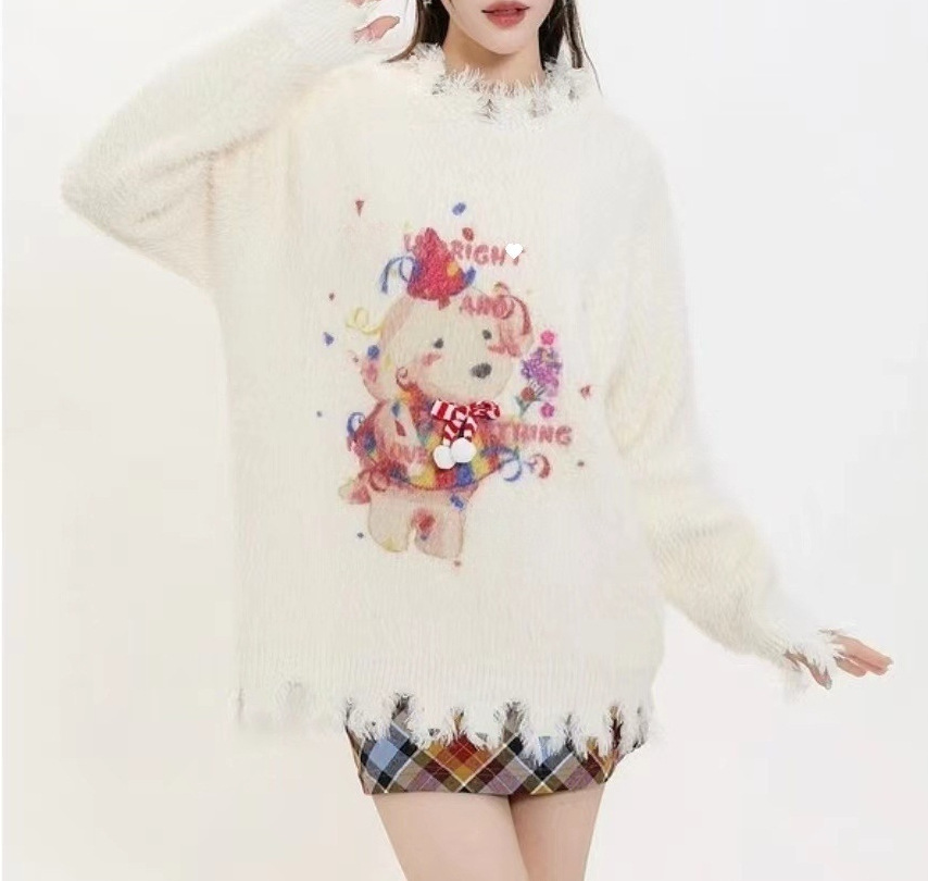 秋圣诞小狗毛衣立体蝴蝶结设计不规则下摆破坏针织衫-阿里巴巴