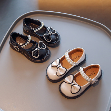 女童单鞋春秋新款珍珠蝴蝶结公主鞋韩版休闲小女孩百搭时尚小皮鞋