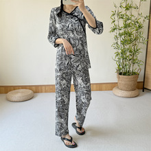 新中式民族风时尚风棉绸睡衣女套装可外穿夏季人造棉碎花宽松遮肉