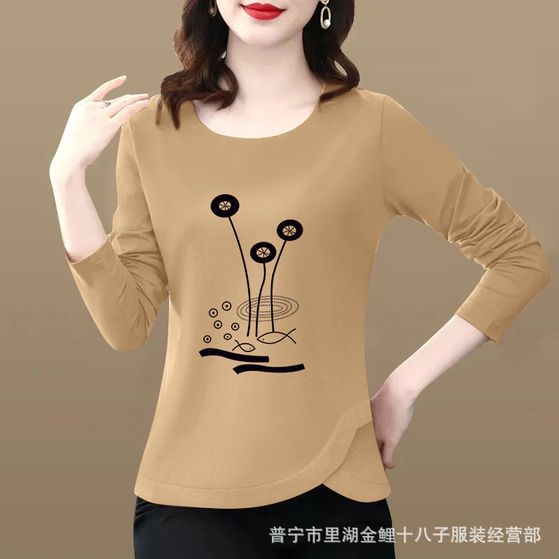 长袖t恤女新款韩版宽松显瘦大码女装圆领纯棉打底体恤衫洋气上衣