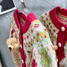 小众设计圣诞小熊复古针织拼色毛衣开衫女2023秋冬新款毛衣