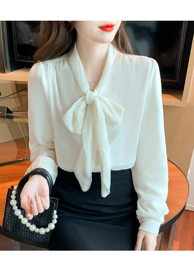 蝴蝶结雪纺衬衫女长袖秋冬季女装2021年飘带职业气质白衬衣珍珠领