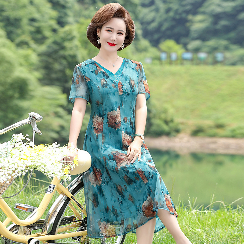 母亲节妈夏季短袖中老年气质洋气网纱连衣裙中年女装旗袍碎花裙子