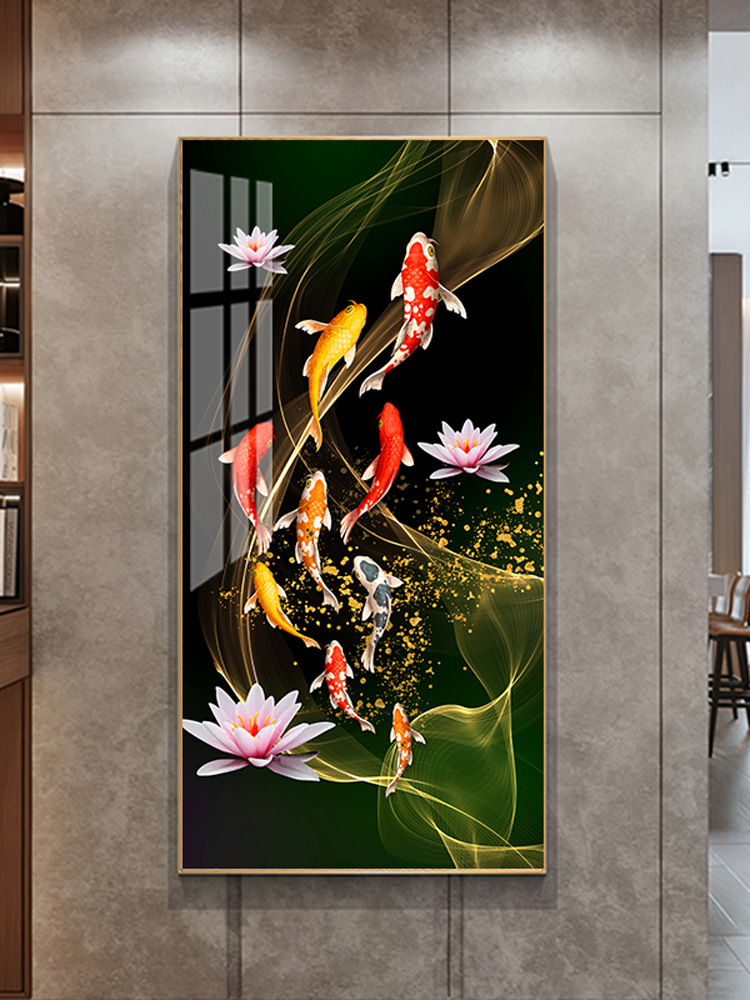 九鱼玄关装饰画现代简约晶瓷画轻奢进门挂画竖版入户走廊过道壁画