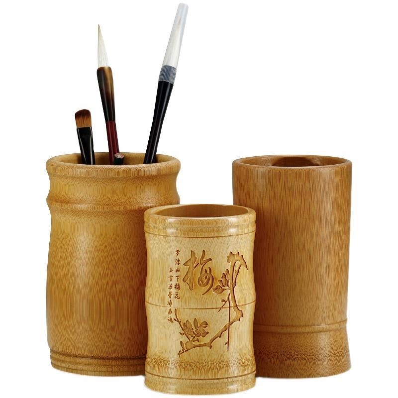 笔筒摆件艺术创意复古办公商务用竹制送礼纪念风圆形毛笔桶
