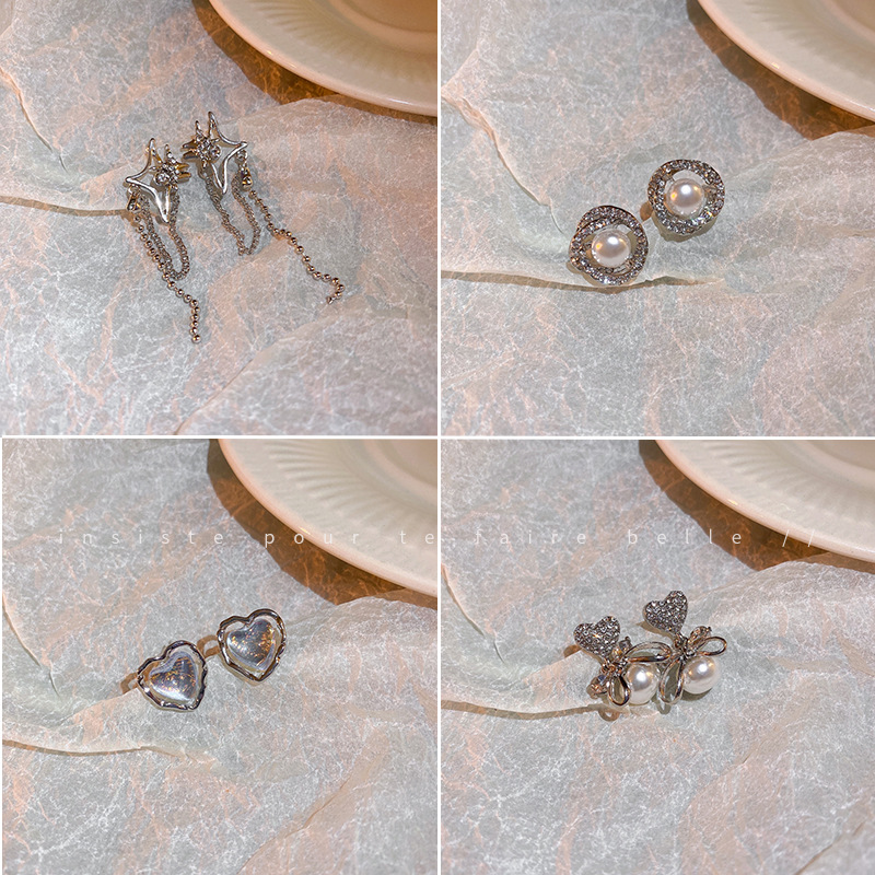 Silver Needle Super Fairy Diamond-Embedded Lovely Bow Pearl Earrings Women's All-Match Personalized Earrings Fashion Stall Earrings Wholesale