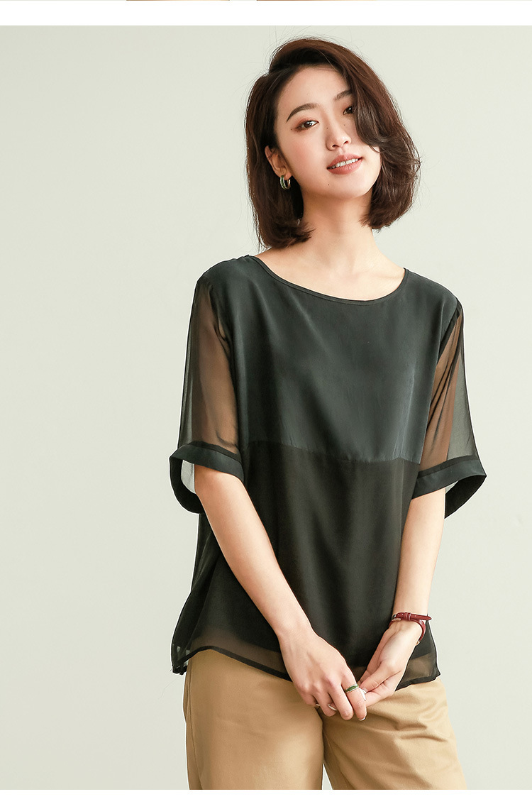 中年女士真丝大码上衣女短袖2021夏装t恤宽松显瘦雪纺衫薄款小衫