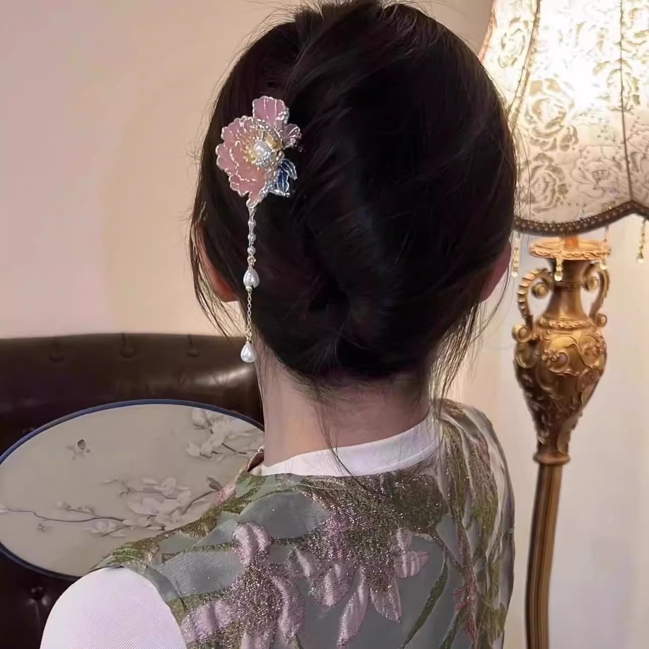 古风优雅珍珠流苏牡丹花发簪气质后脑勺盘头发钗汉服旗袍簪子配饰