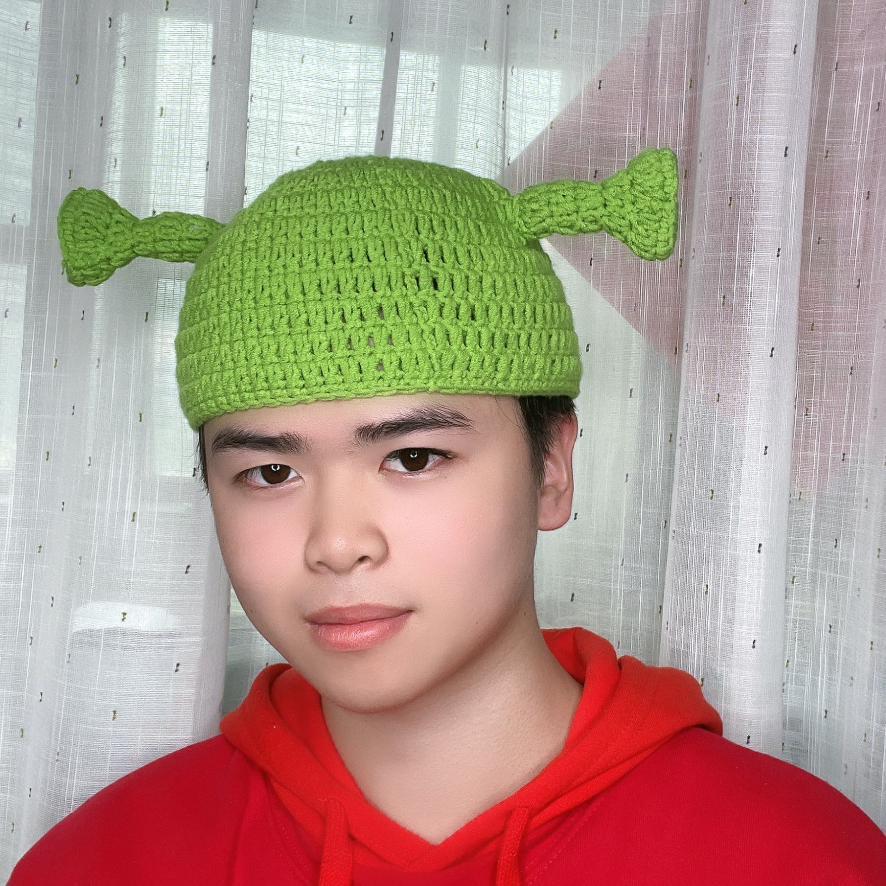 痞幼抖音同款搞怪套头帽手工编织针织毛线绿色卡通男女秋冬帽子