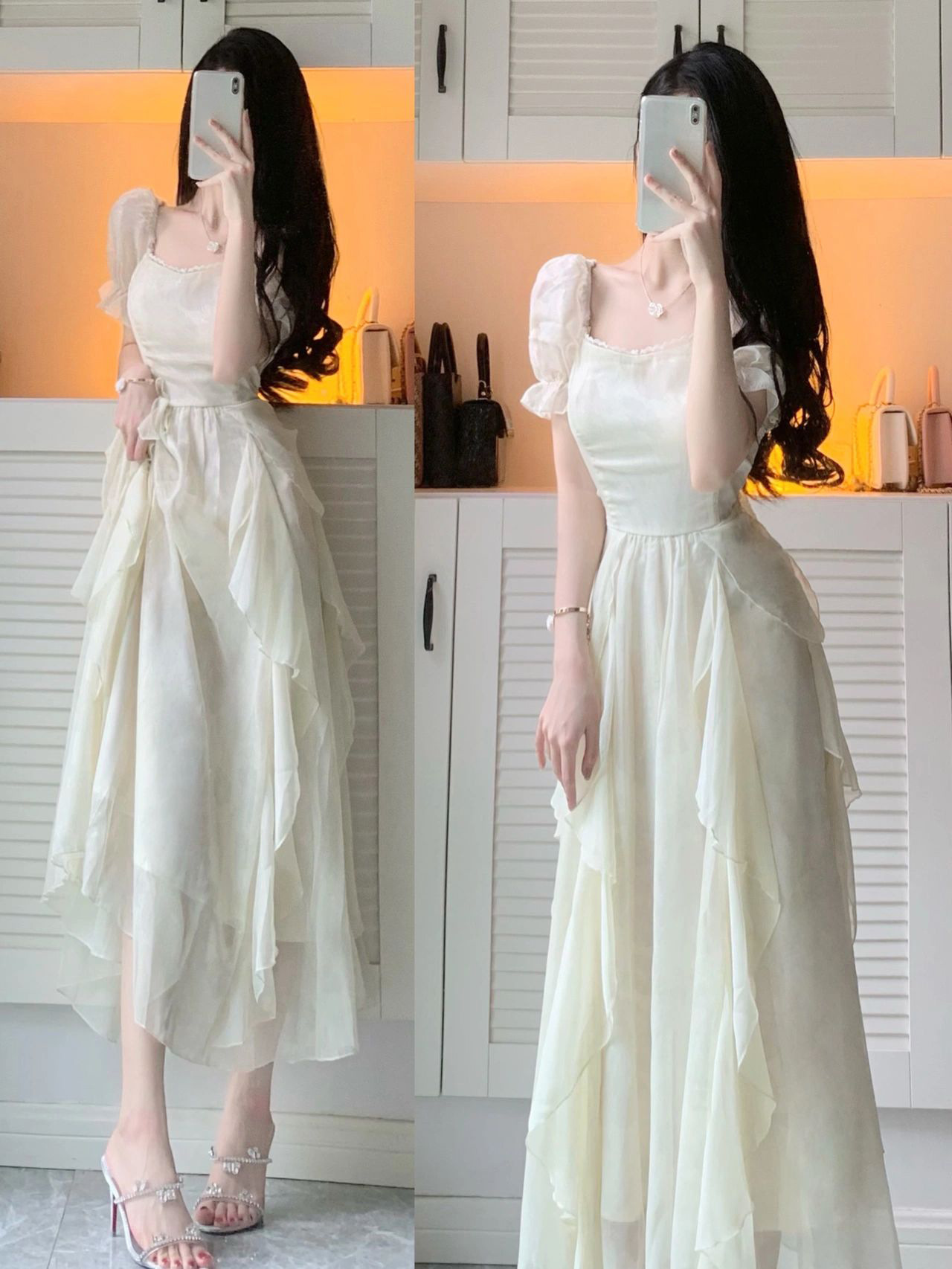 法式白色感气质仙女连衣裙夏季温柔风超仙公主裙收腰长款裙子