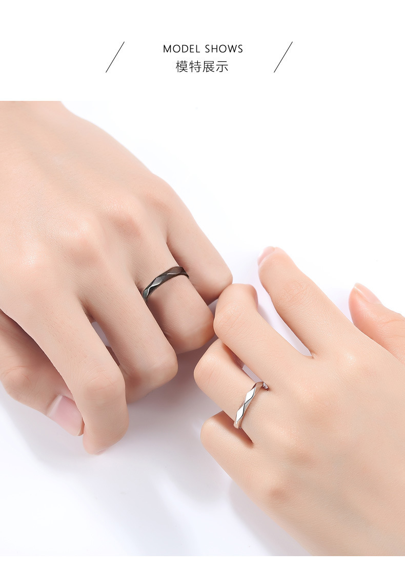菱形情侣戒指一对s925银韩版简约小众对戒创意黑白指环男女手饰
