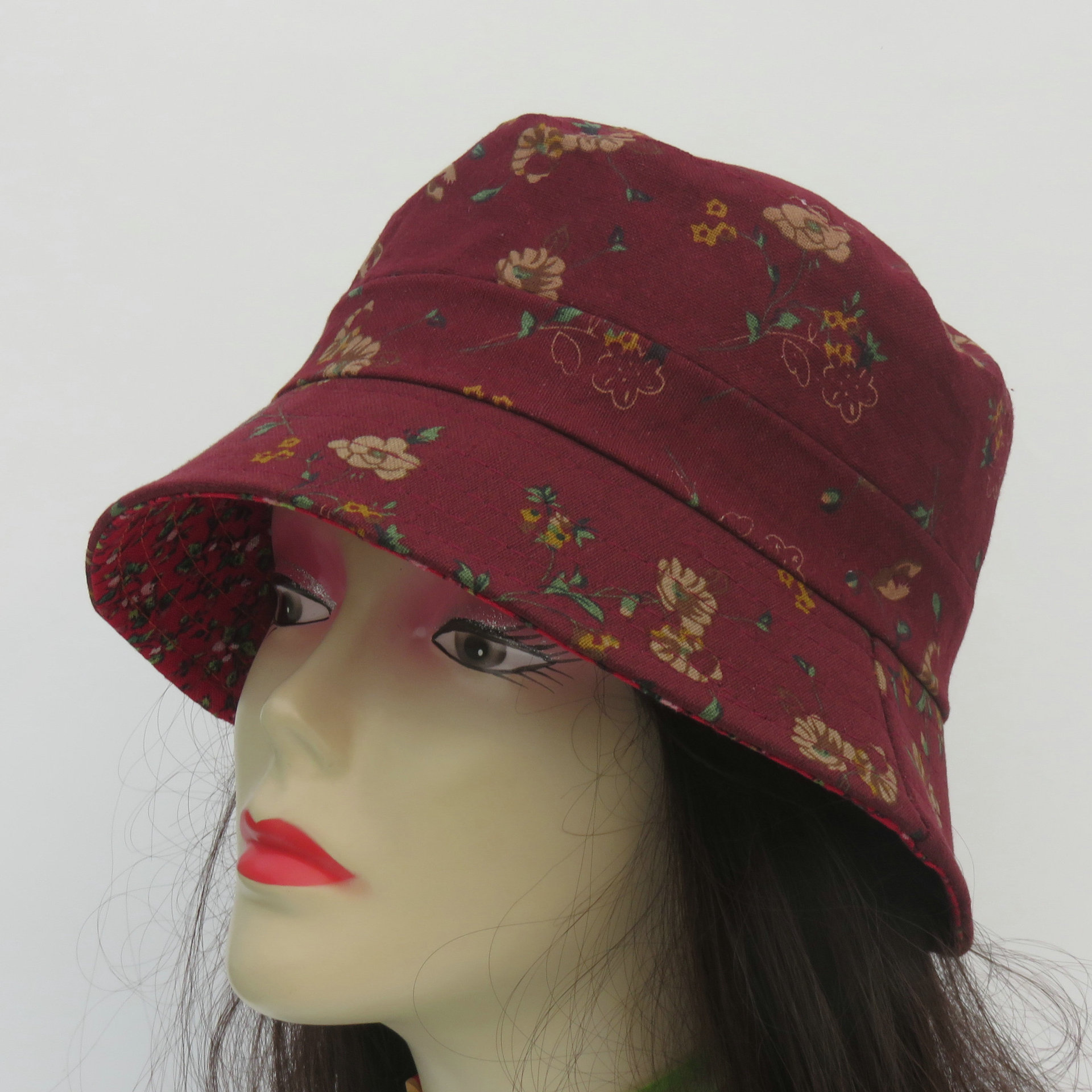 遮阳帽女粗纹双面可戴盆帽老太太花布渔夫帽中老年春秋帽子女布帽