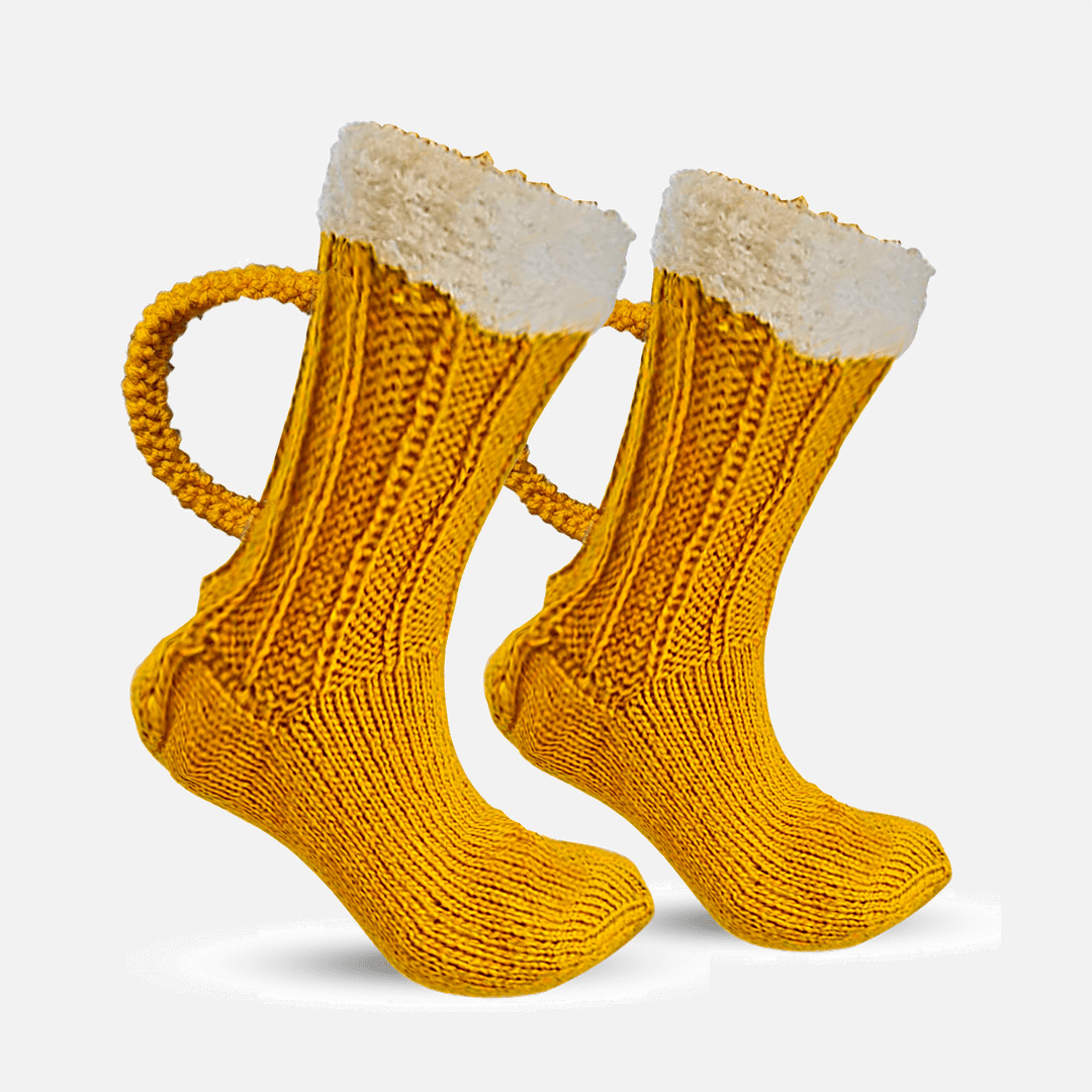 跨境爆品 3d beer mug socks 啤酒杯子袜创意针织黄色保暖地板袜