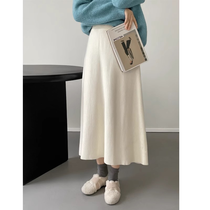 白色半身裙女秋冬季显瘦垂感加厚针织一步裙a字裙中长款冬款裙子