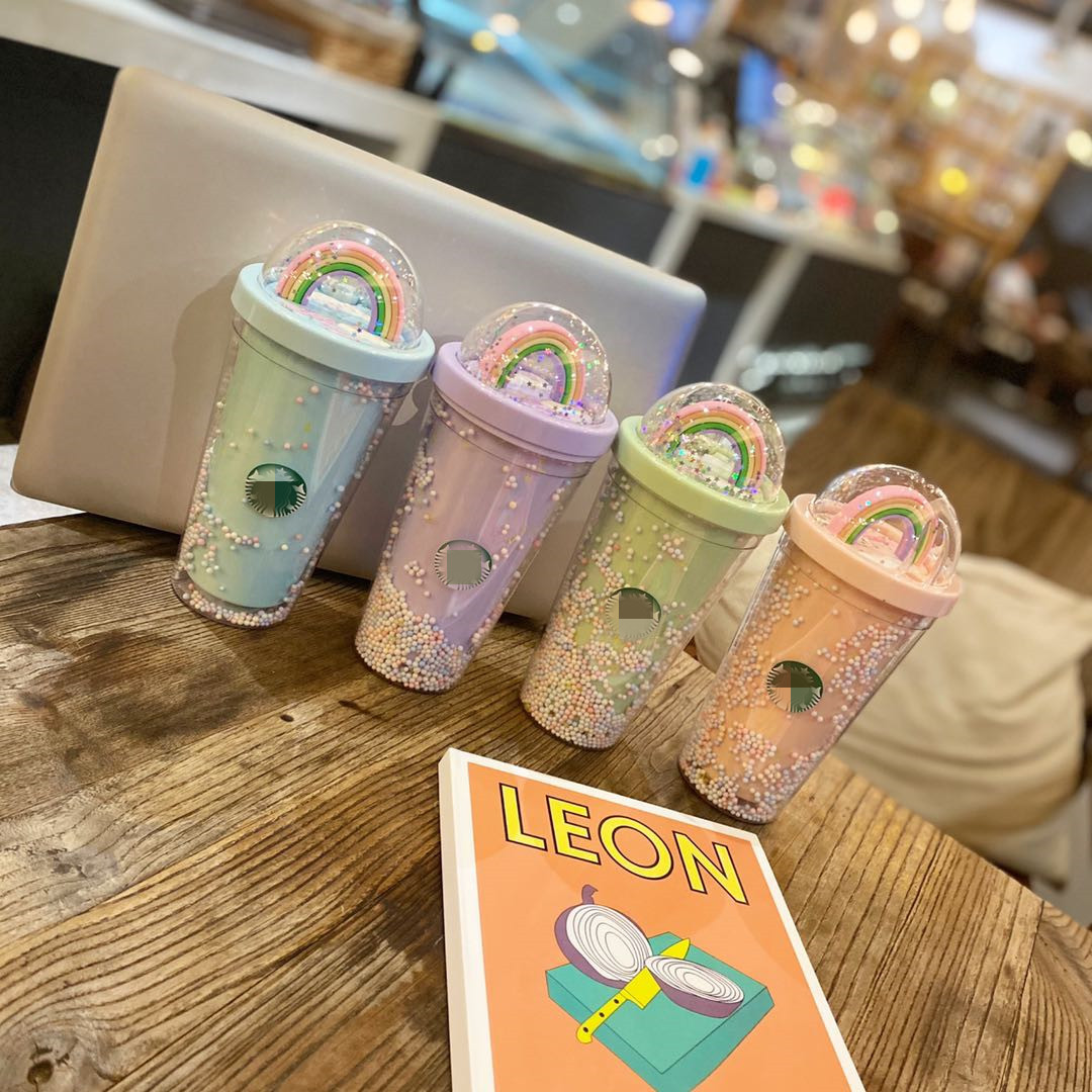 Outdoor Star Dad Plastic Cup Cartoon Smooth Cup Rainbow Cups Set Girl Cup with Straw Double Layer Drinking Cup Support Logo