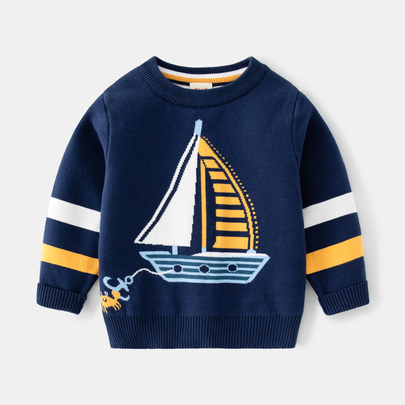 童装挑码拿货男童双层棉线保暖毛衣秋新款宝宝帆船螃蟹提花针织衫