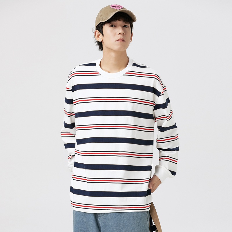 Men's Clothing 280G Heavy Striped Crew Neck Long Sleeves T-shirt 2023 Autumn and Winter New Sweater Fashion Brand Couple Bottoming Shirt