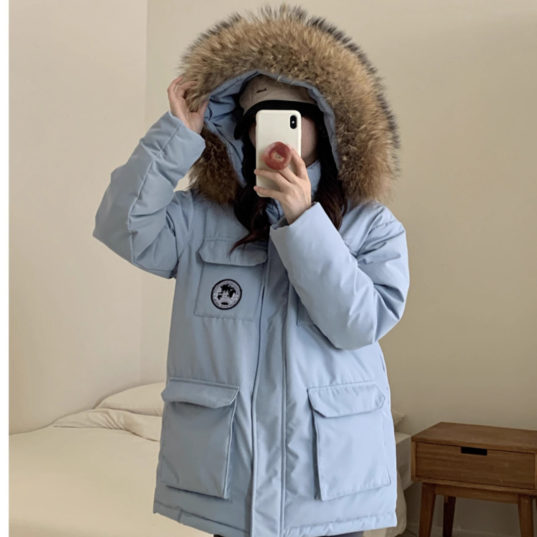 蓝色工装羽绒服女中长款2024冬新男女同款大毛领羽绒服加厚外套潮