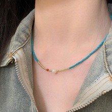 ins网红绿松石项链女欧美复古高级感百搭淡水珍珠锁骨链轻奢饰品