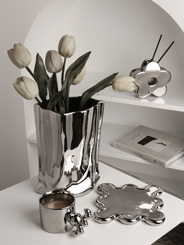 北欧电镀银色花瓶不规则陶瓷装饰摆件家居客厅餐桌样板间艺术品