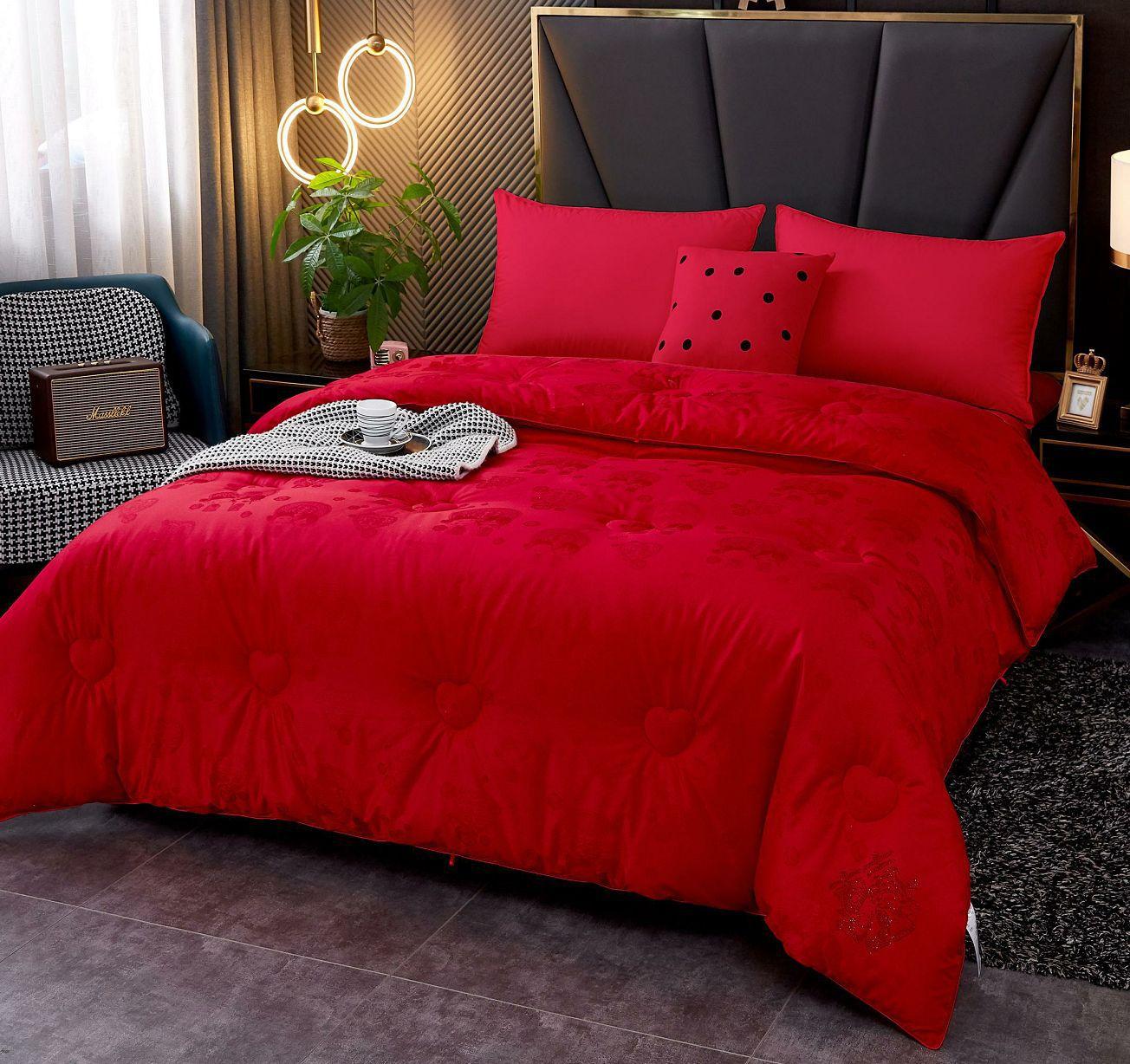 全棉80支大提花大红结婚喜冬被加厚保暖 冬季仿鹅绒被褥婚庆被芯
