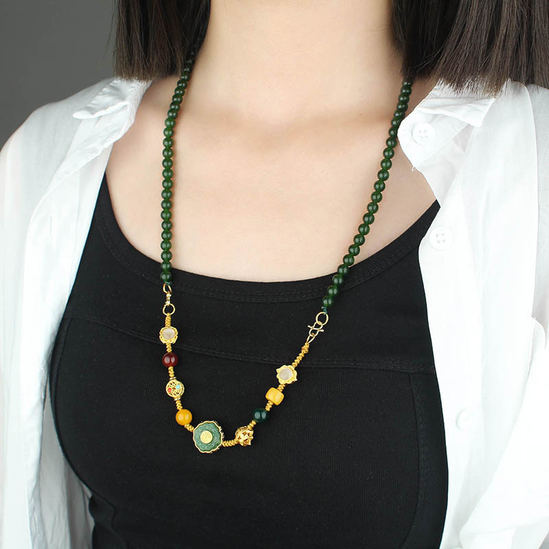 Chinese Style Jade round Beads Multi-Strap Detachable Necklace Woven Hand Strap Chinese Retro Fashion Sweater Chain Women