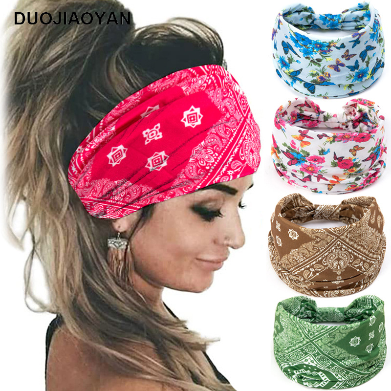 European and American Cross-Border New Butterfly Elastic Sports Hair Band Antiperspirant Printed Wide-Brimmed Cross Knotted Toe Headband Wholesale