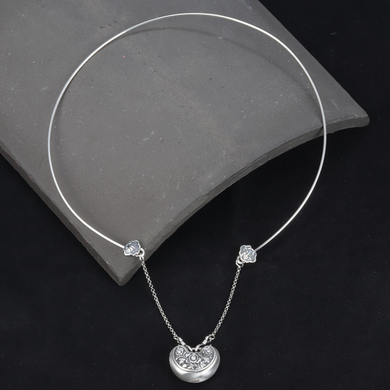 s925纯银福字如意硬项圈女古法项环名族风实心名族风流苏可挂吊坠