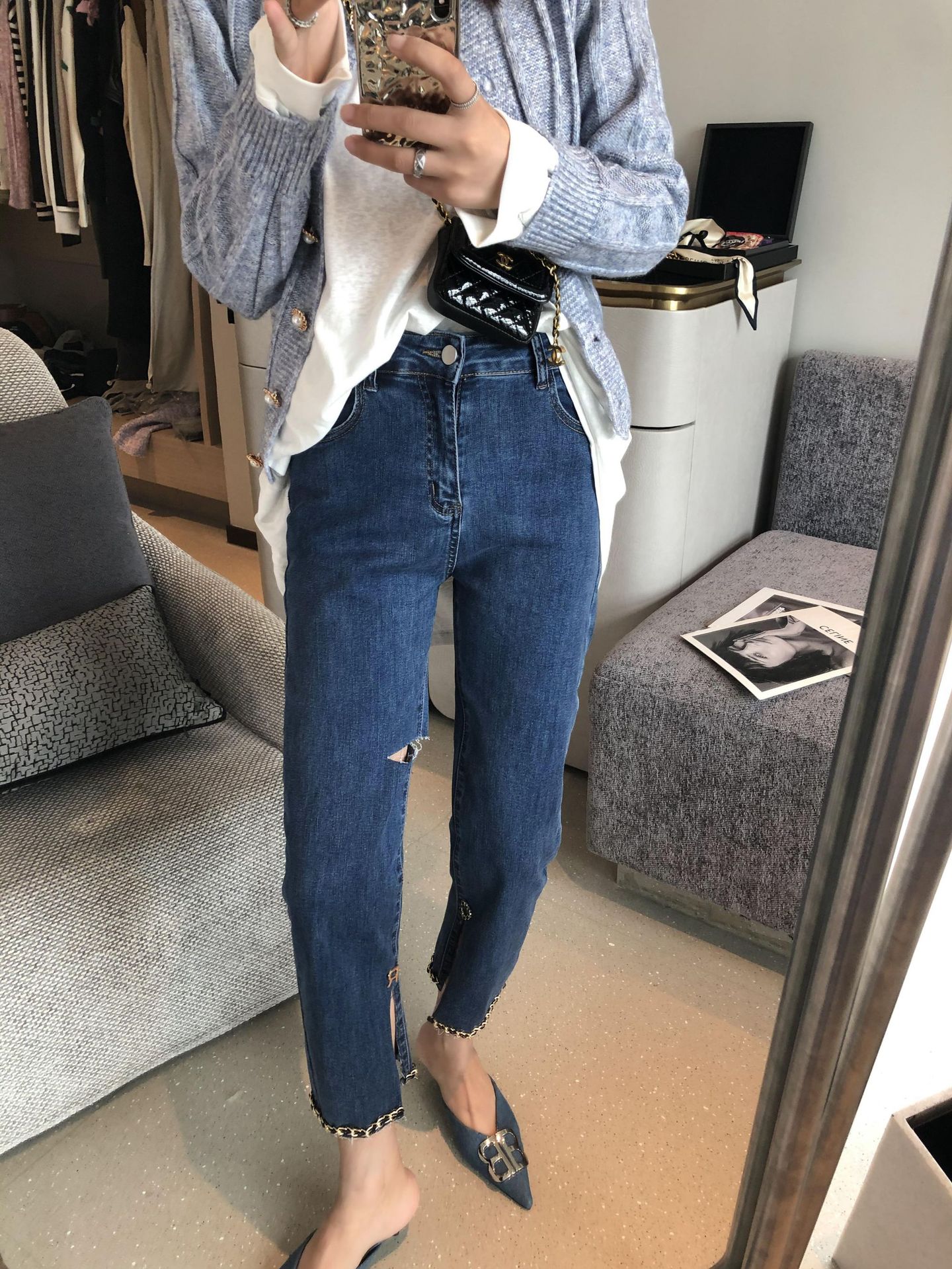 t7657 小香风链条牛仔裤早秋新款高腰修身显瘦开叉女薄款休闲长裤