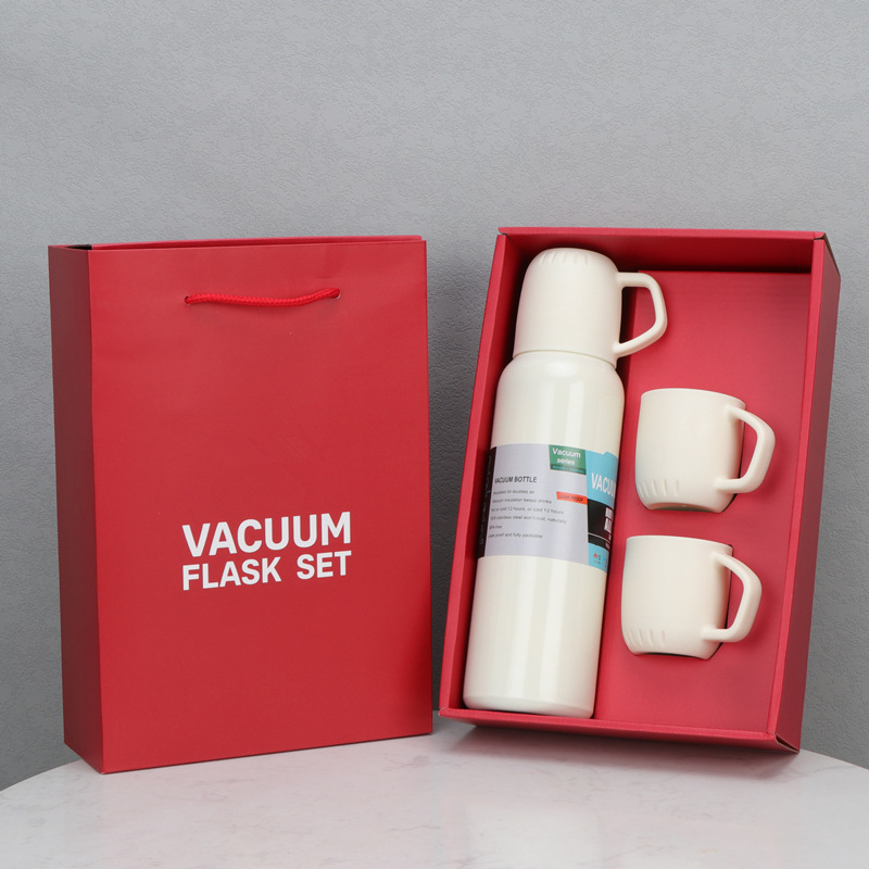 Cross-Border New Arrival One Cup Three Lid Vacuum Cup Set 304 Stainless Steel Straight Body Bottle Portable Portable Gift Water Cup