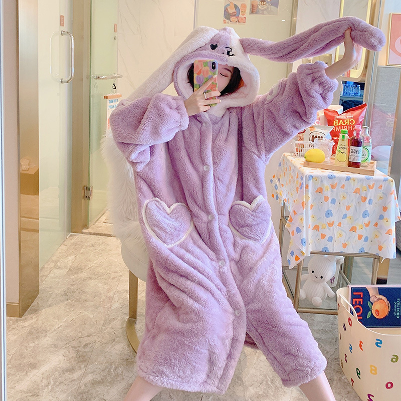 2021韩版兔子长耳朵睡衣可爱睡袍女冬季珊瑚绒法兰绒秋长款家居服