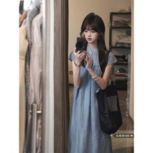 新中式国风蓝色短袖旗袍裙女夏季新款温柔复古宽松显瘦长款连衣裙
