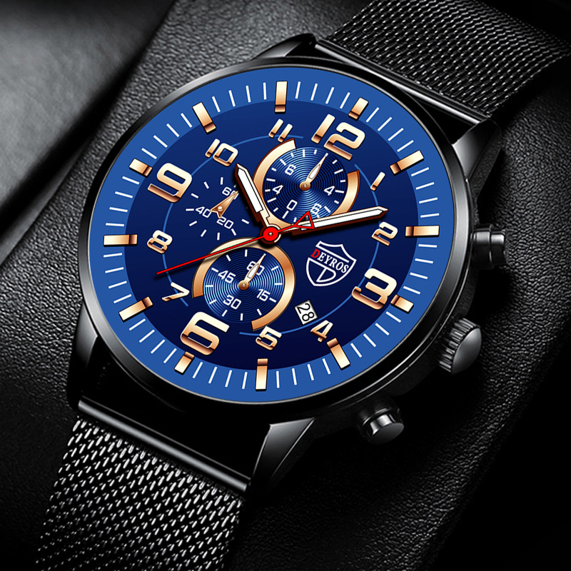 deyros 黄金手表 大表盘男表中东爆款夜光日历钢带男手表跨境爆款