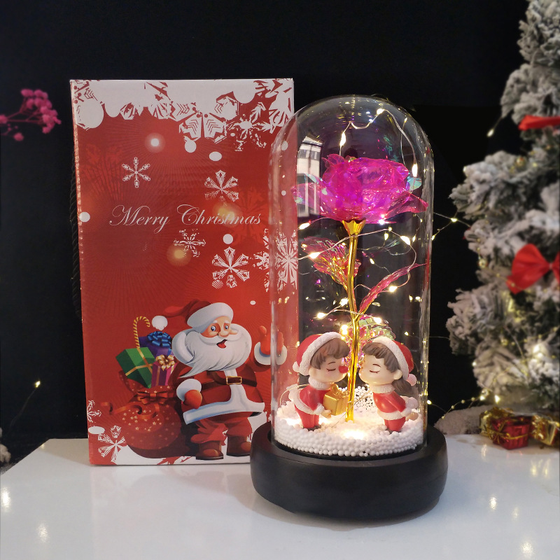 New Product Recommendation Christmas Creative Gift Glass Led Lampshade Gold-Foil Roses Luminous Christmas Couple Doll