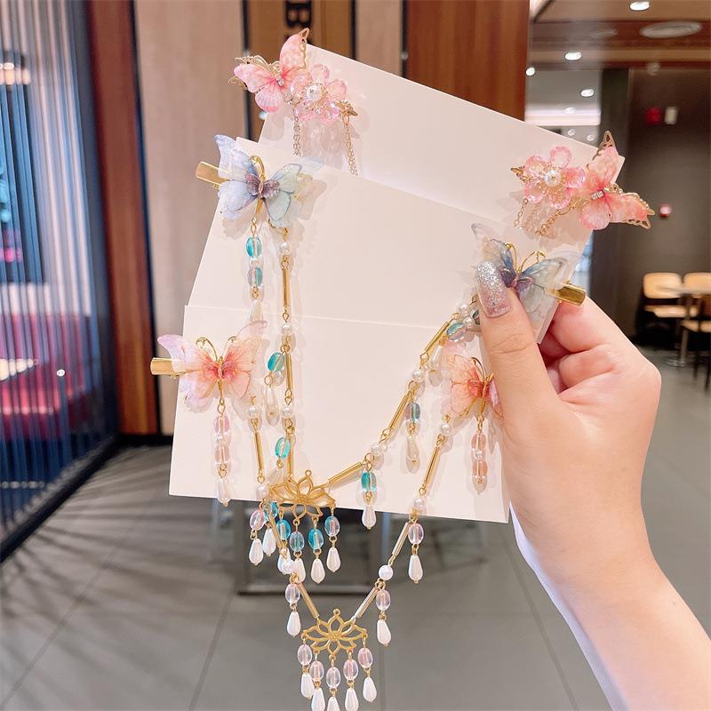 Children's Hair Accessories Little Girl Ancient Style Han Chinese Clothing Headdress Chinese Style Girl's Hairpin Princess Tassel Butterfly Barrettes Headdress Flower