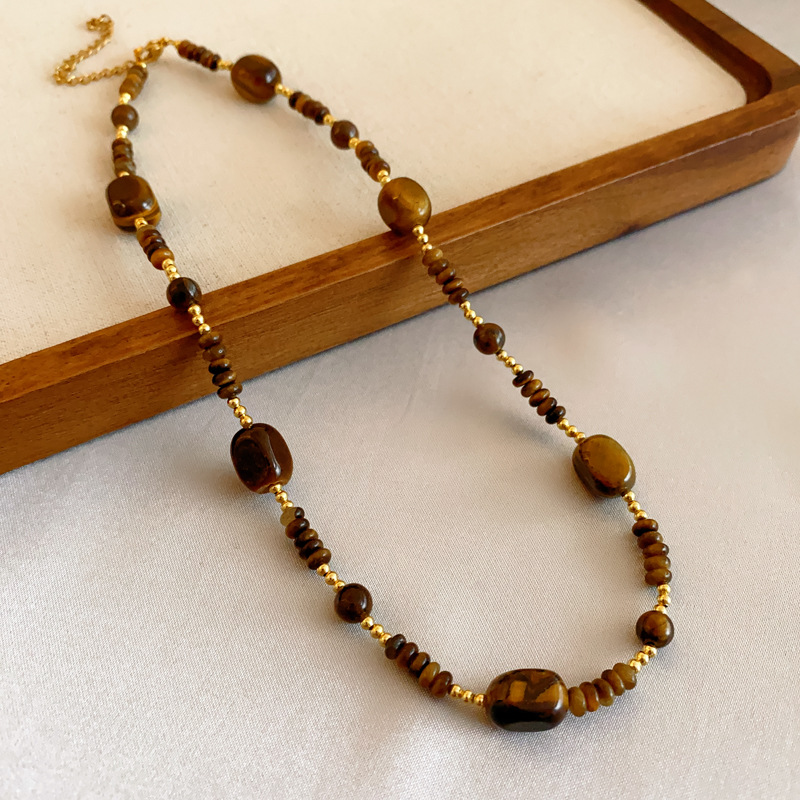 Maillard Coffee Color Tigereye Crystal String Beads Necklace Niche Retro Clavicle Chain Personality Fashion Design Sense Necklace