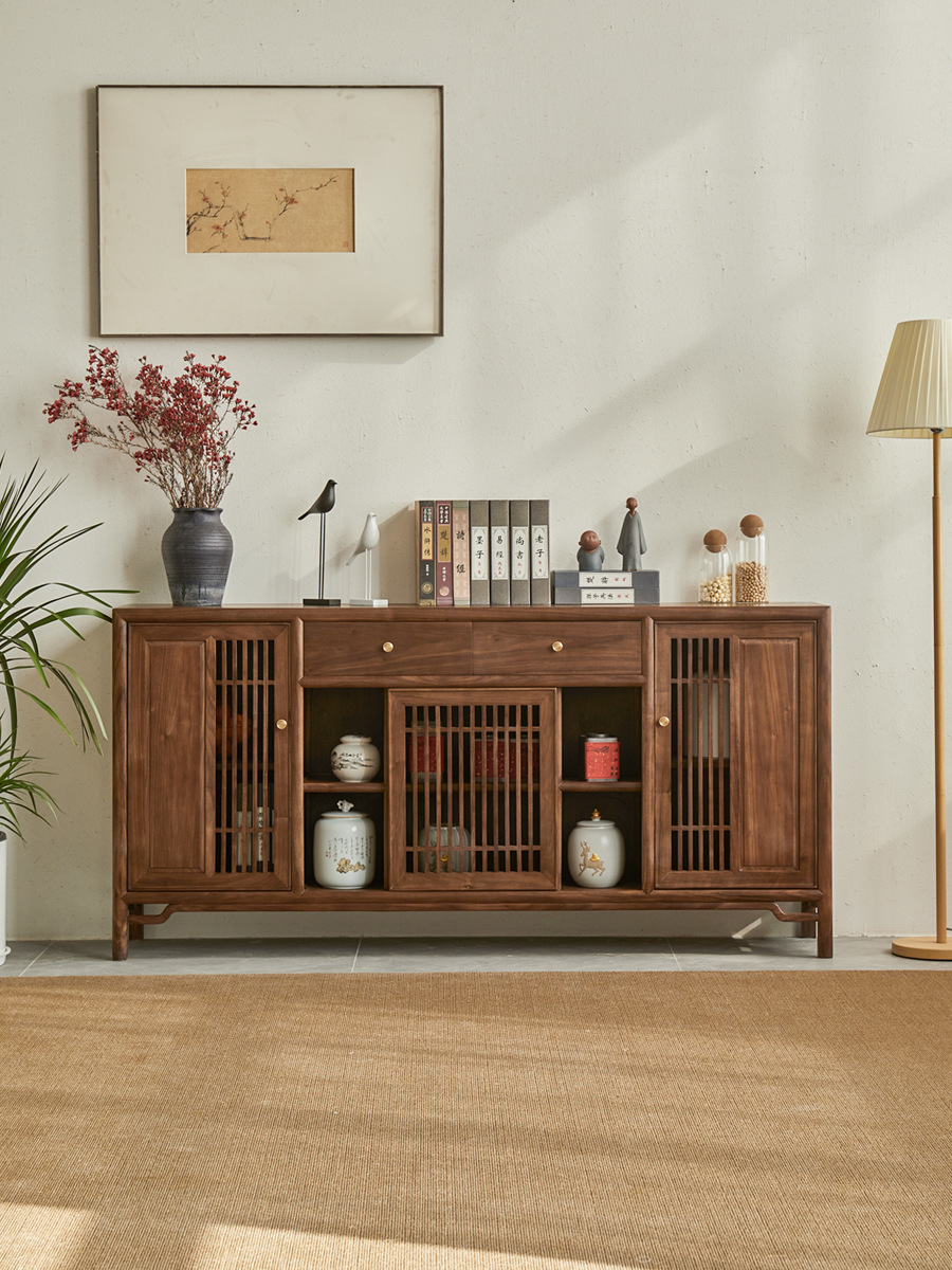 批发新中式实木餐边柜置物柜客厅玄关柜黑胡桃木茶室茶边柜家用储