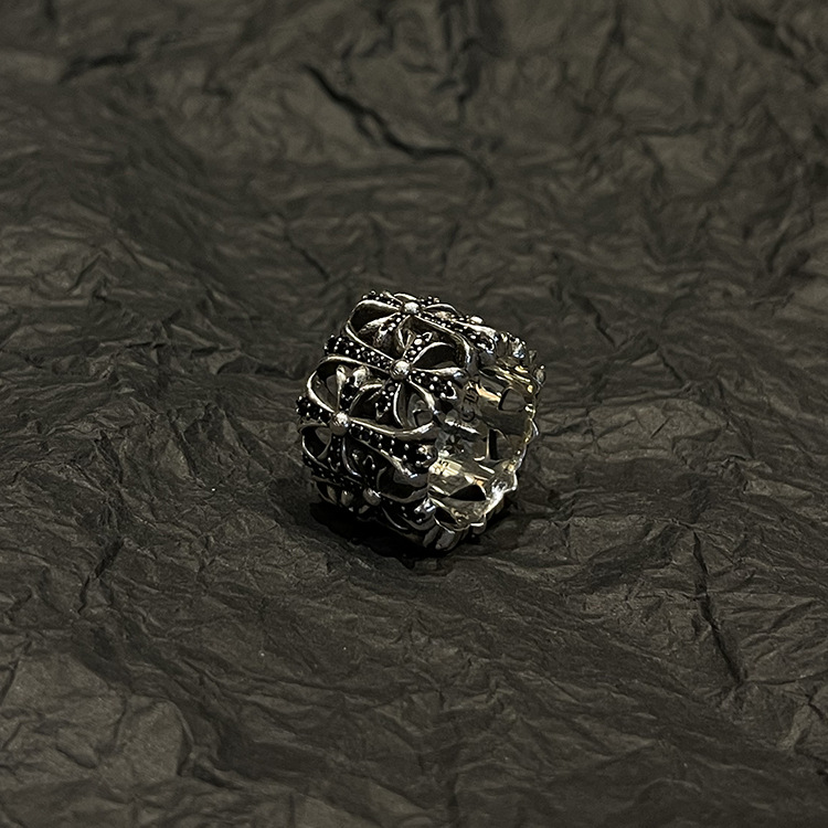 ch黑钻圆墓葬戒指个性夸张十字架墓碑戒指复古做旧镶钻指环情侣戒