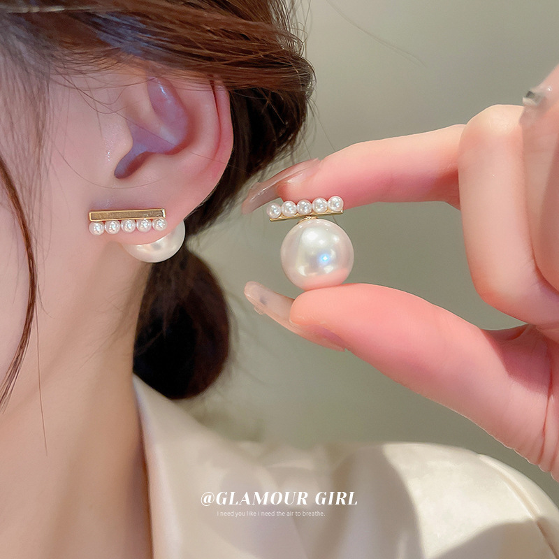 银针一字形珍珠耳环韩国新款独特设计感气质耳钉时尚简约耳饰批发