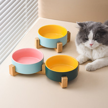 猫碗陶瓷哑光内外双色木架宠物碗双碗猫饭盆食盆粮盆水碗猫狗食具