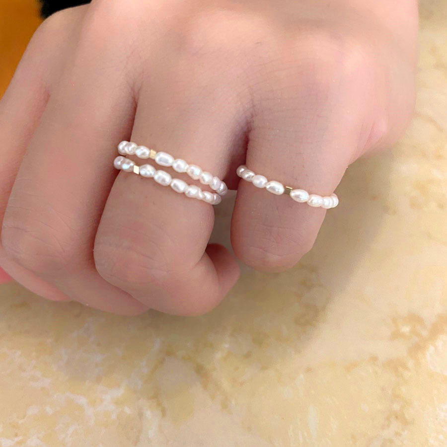 罕见极小2mm强光天然淡水小珍珠戒指女简约百搭美国14k包金不褪色