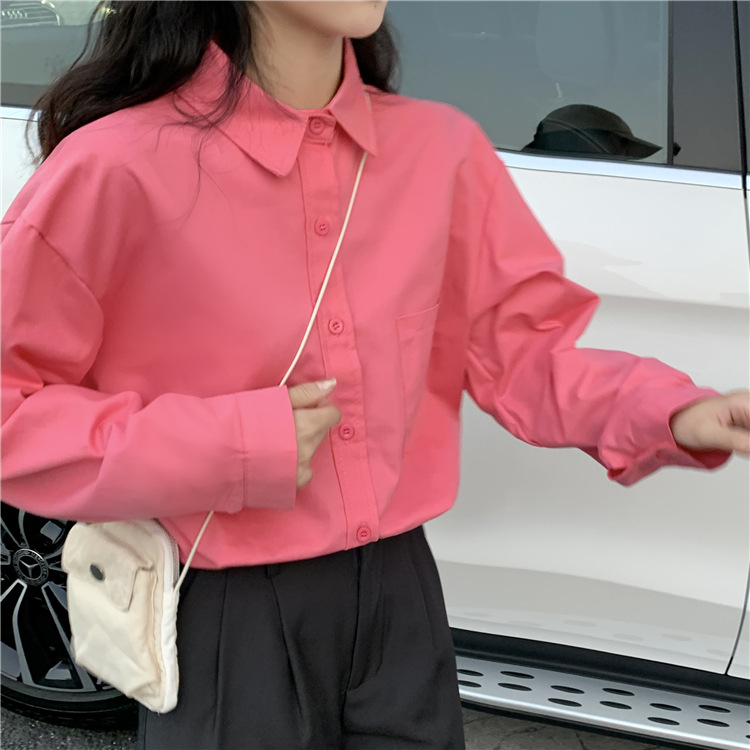 玫粉色衬衣秋冬韩版宽松polo领休闲长袖女士衬衫设计感小众上衣潮