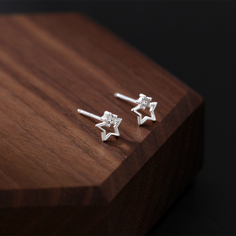 s999纯银足银耳钉韩国时尚简约五角星镂空耳钉百搭森系文艺女耳饰