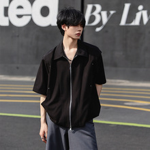 暗黑设计款短袖外套夏季潮男翻领工装拉链开衫高级感百搭半袖衬衫