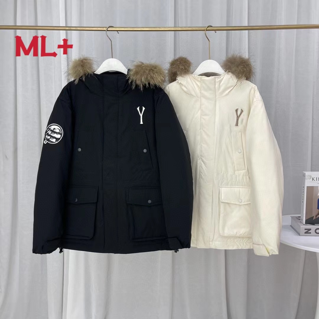 2023冬季ml家情侣款休闲毛领连帽羽绒服y刺绣韩版加厚白鸭绒外套