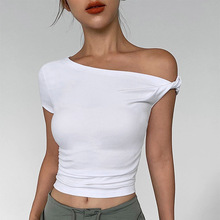 Q24TP234欧美女装夏季亚马逊新款纯色单肩露脐不对称性感小上衣女