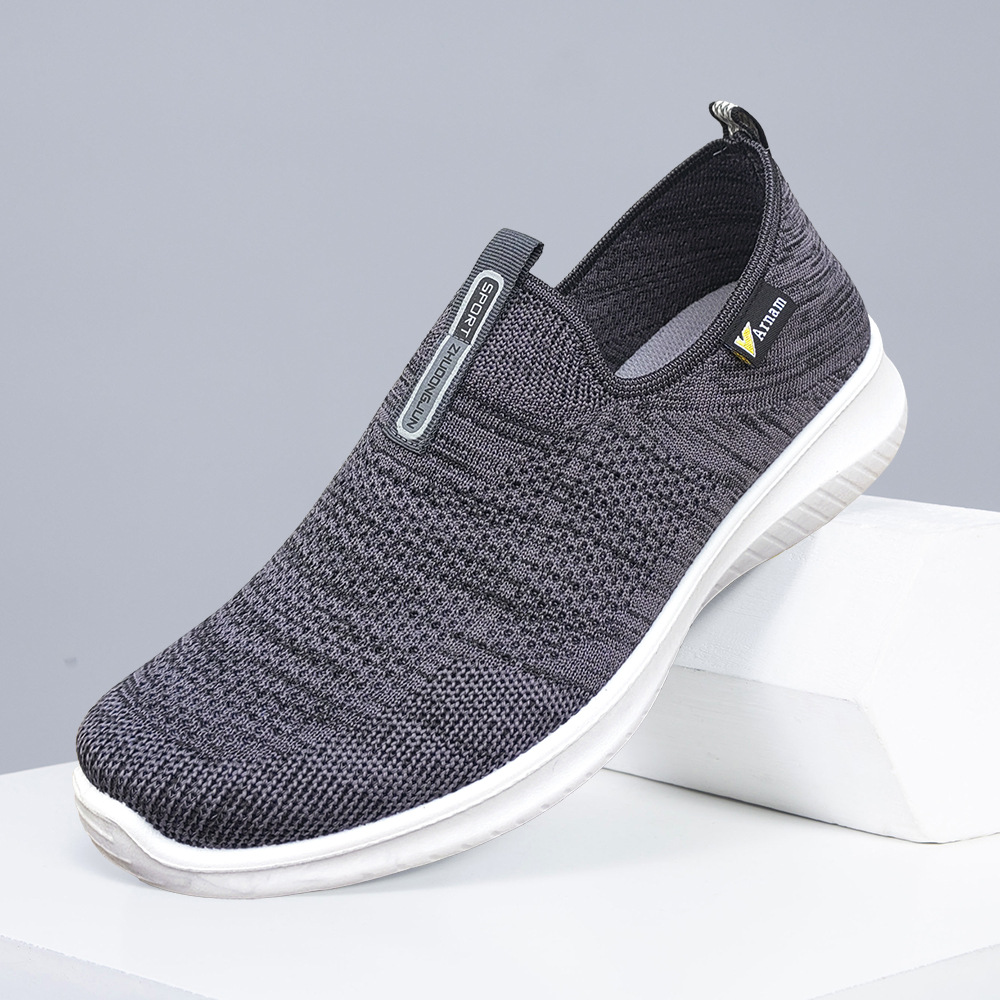 春季新款老北京布鞋男一脚蹬透气飞织老头鞋软底休闲老人爸爸单鞋