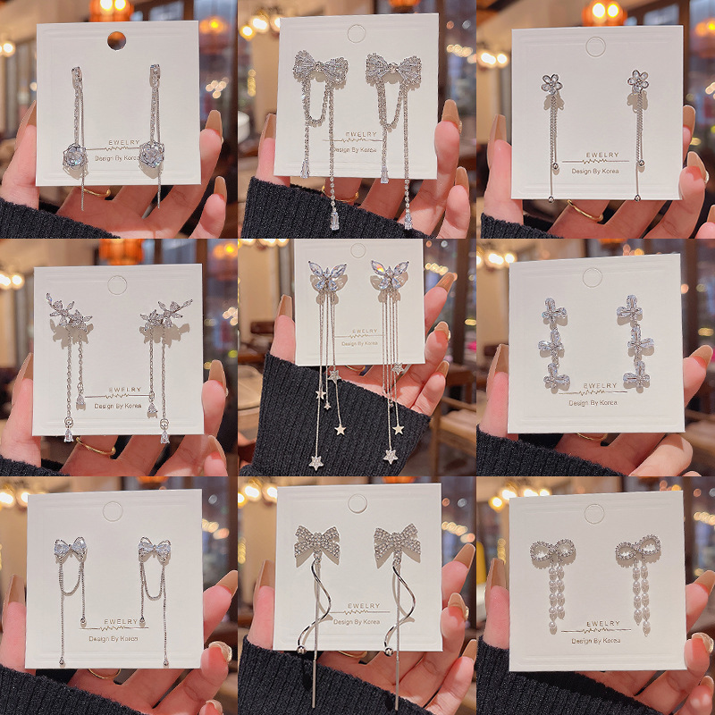 925 silver needle long tassel zircon earrings for women ins trendy light luxury niche versatile elegant bow earrings earrings
